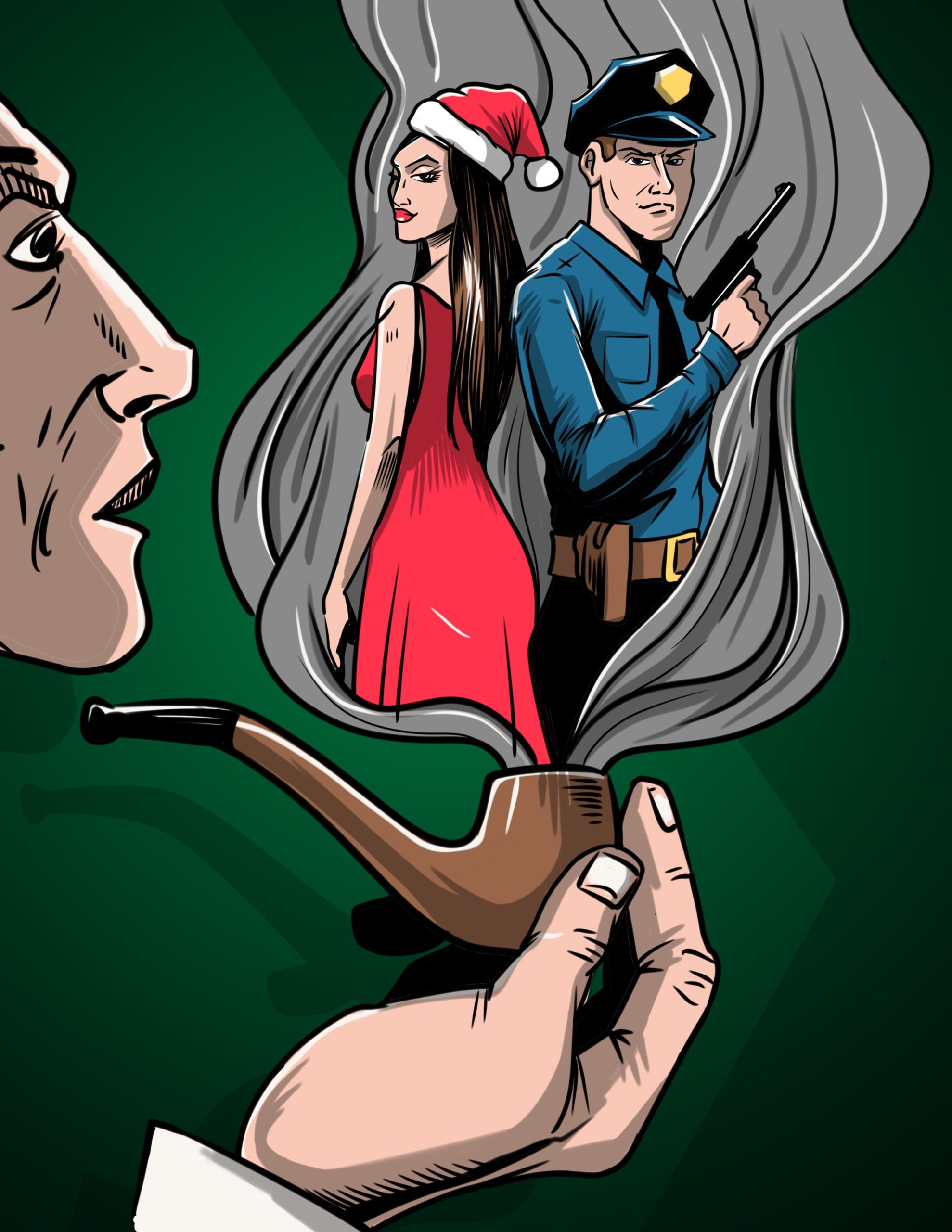A man smoking a pipe with a woman and police officer appearing in the smoke.